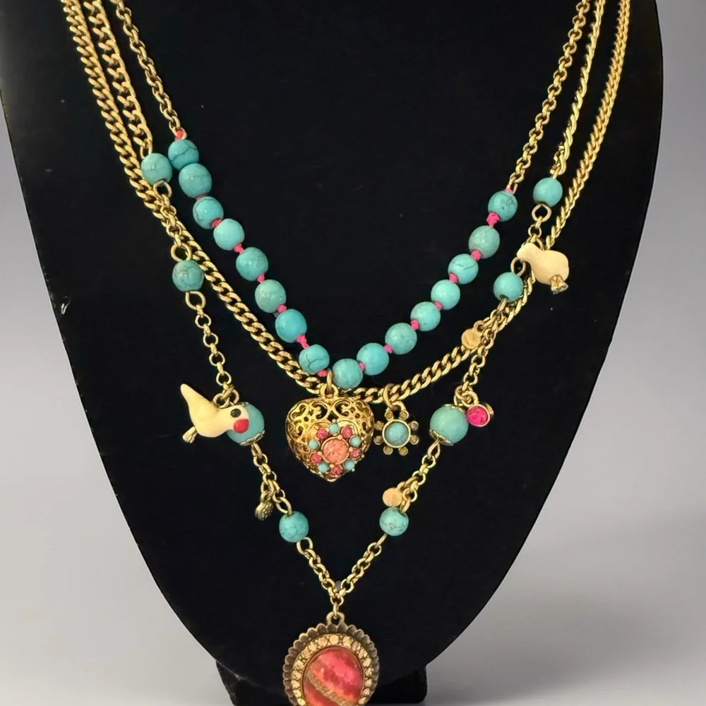 Betsey Johnson Layered Charm Necklace Turquoise Beads,Heart Locket,Bird Pendant